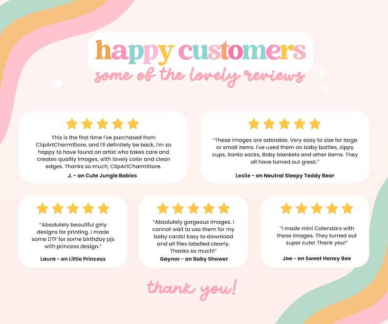 a pink background with five stars and the words happy customers