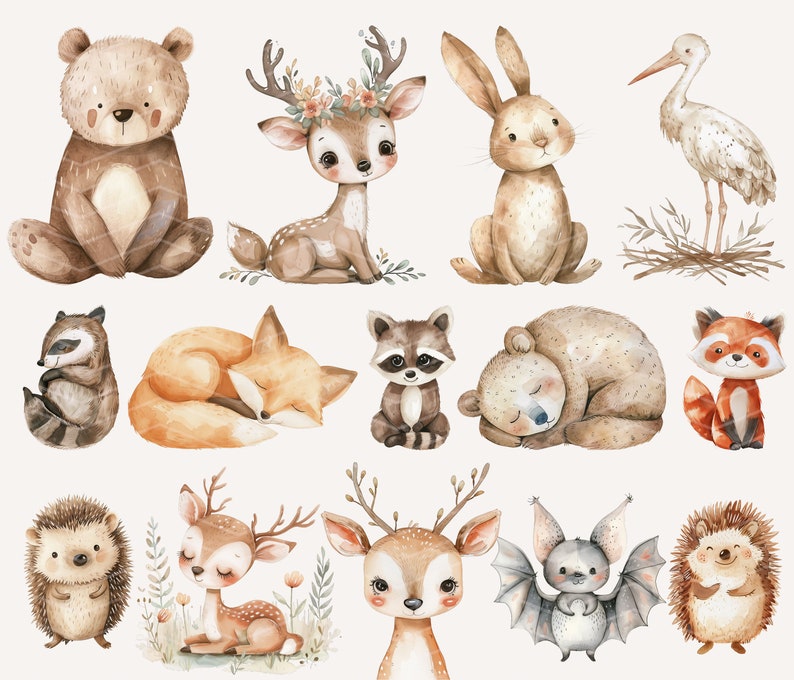 Clipart Woodland Boho, clipart mignon animaux des bois, bébés animaux, clipart Woodland baby shower, pépinière des bois, animaux de la forêt Boho image 3