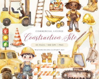 Watercolor Construction Clipart: Kids Birthday Party