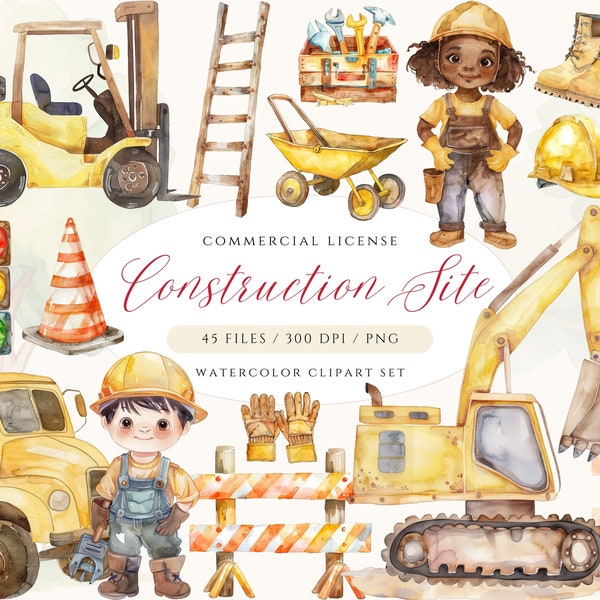 Construction Clipart, Construction Kids Watercolor Clipart, Bulldozer, Truck, Children Birthday Party Decor, Nursery Art Construction Party