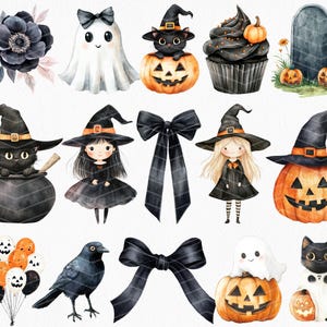May include: Watercolor illustrations of Halloween-themed elements. Includes a black cat in a witch's hat, a ghost, a jack-o'-lantern, a cupcake, a tombstone, a crow, a witch, balloons, and a black bow. The color palette is black, orange, and white.