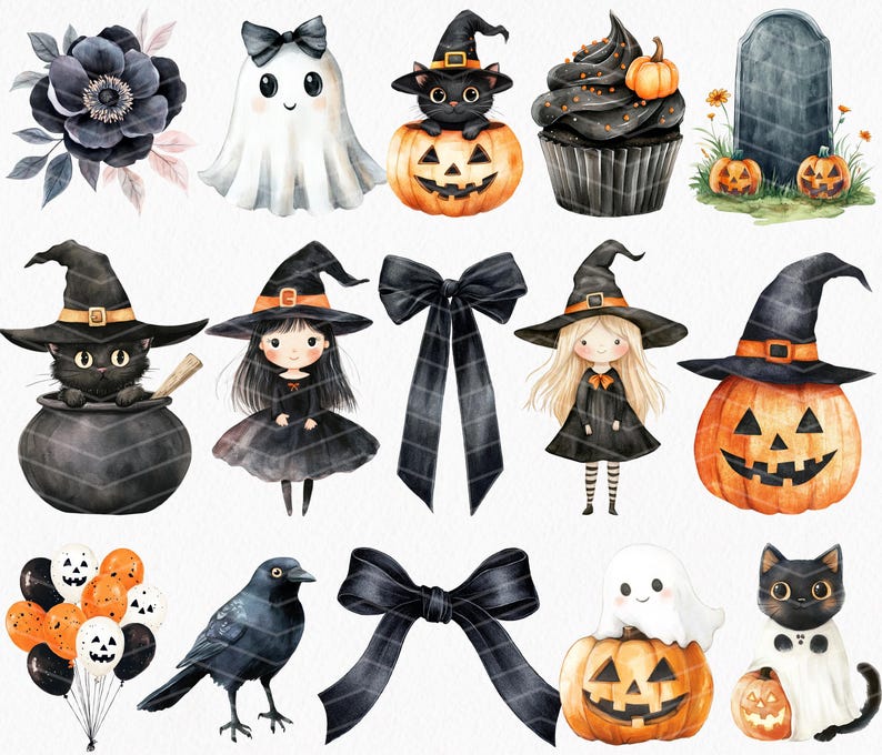 May include: Watercolor illustrations of Halloween-themed elements. Includes a black cat in a witch's hat, a ghost, a jack-o'-lantern, a cupcake, a tombstone, a crow, a witch, balloons, and a black bow. The color palette is black, orange, and white.