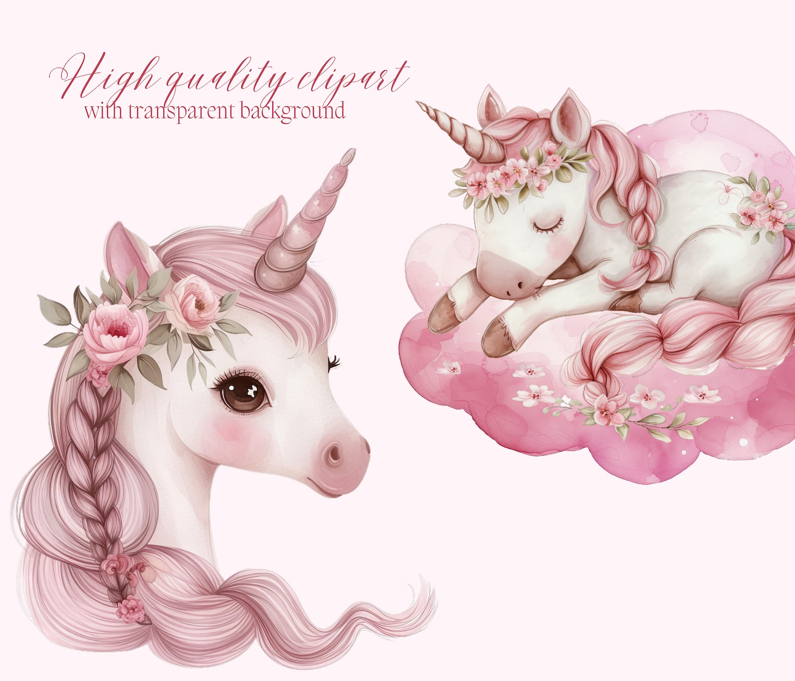 Pink Unicorn Clipart Set: Watercolor Rainbow Unicorns, Castle (PNG ...