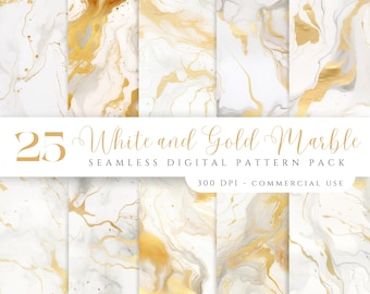 May include: A digital paper pack with 25 seamless patterns featuring white and gold marble designs. The pack is 300 DPI and for commercial use.