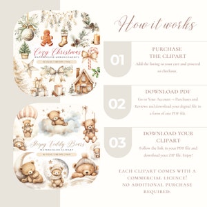 May include: How to purchase watercolor clipart illustrations of cozy Christmas arrangements and sleepy teddy bears. The illustrations are available for download as a PDF file and a ZIP file. Each clipart comes with a commercial license.