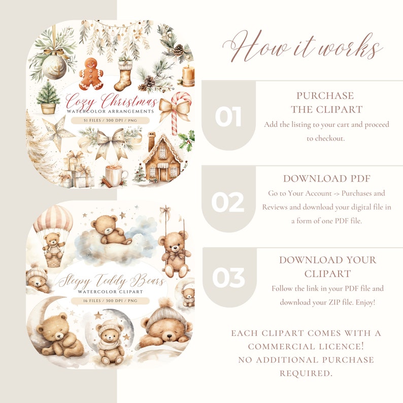 May include: How to purchase watercolor clipart illustrations of cozy Christmas arrangements and sleepy teddy bears. The illustrations are available for download as a PDF file and a ZIP file. Each clipart comes with a commercial license.
