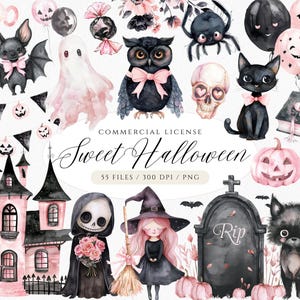Clipart Halloween doux, rose PNG d'Halloween, effrayant Halloween, fantôme mignon pastel d'Halloween, hibou, sorcière, loup-garou, clipart Halloween pour enfants