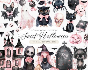 Pink Halloween Clipart Set, Watercolor Ghost, Owl, Witch (PNG, Digital Download)