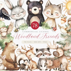 Clipart acquerello bosco, baby shower boho bosco, ritratti di cuccioli carini, vivaio bosco, orso, alce, cervo, animali della foresta PNG