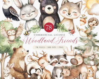 Watercolor Woodland Animals Clipart: Boho Nursery Decor (PNG Digital Download)