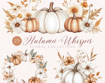 Watercolor Pumpkin & Floral Clipart: Beige Autumn Graphics (Digital Download)
