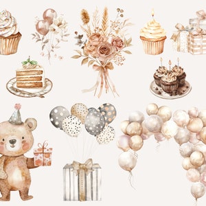 May include: A watercolor illustration set featuring a brown bear holding a gift, cupcakes with candles, a cake, a bouquet of flowers, balloons, and gift boxes. The illustrations are in a neutral color palette of brown, beige, and white.