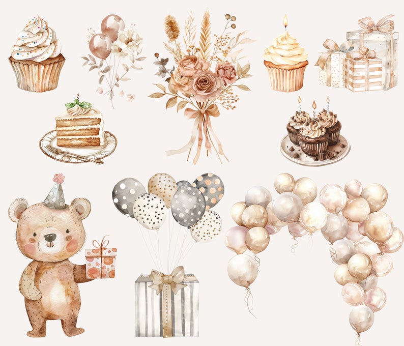 May include: A watercolor illustration set featuring a brown bear holding a gift, cupcakes with candles, a cake, a bouquet of flowers, balloons, and gift boxes. The illustrations are in a neutral color palette of brown, beige, and white.