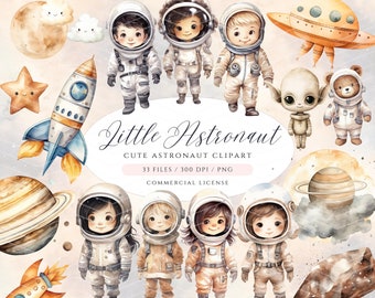 May include: Watercolor illustration of cute astronauts in space suits, planets, stars, rockets, and a UFO. The text "Little Astronaut" is written in a whimsical font. The text "Cute Astronaut Clipart" is written below the title. The text "33 Files / 300 DPI / PNG" is written below the subtitle. The text "Commercial License" is written below the file information.