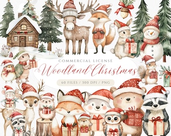 Christmas Woodland Clipart Bundle, Cute Woodland Animals Clipart, Winter Woodland, Forest Baby Animals, Christmas Clipart Bundle, Bear, Fox