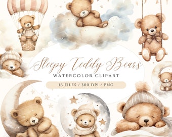 Watercolor Teddy Bear Clipart, Sleeping Teddy Bears, Baby Shower Clipart, Boho Teddy Bear Clipart, Cute Teddy Bear Moon, Cloud, Bear PNG, TB