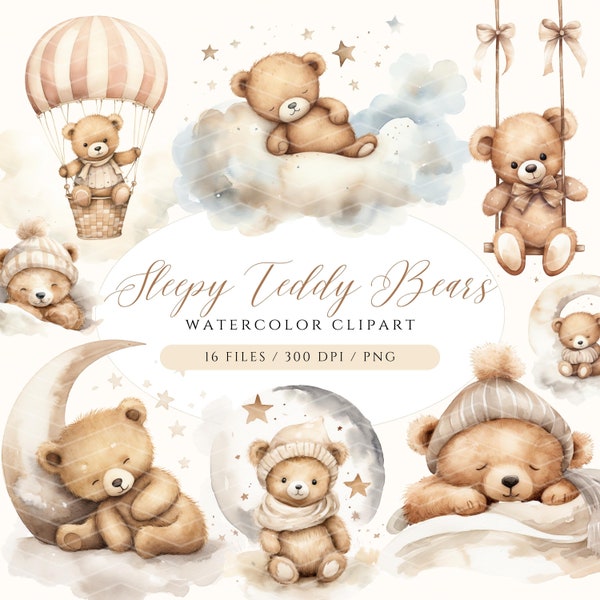 Aquarell Teddy Bär Clipart, schlafende Teddybären, Baby-Dusche Clipart, Boho Teddy Bär Clipart, niedlichen Teddybär Mond, Wolke, Bär PNG