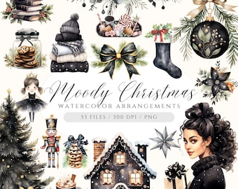 Clipart de Navidad negra: Adornos de acuarela con un toque melancólico (Descarga digital PNG)