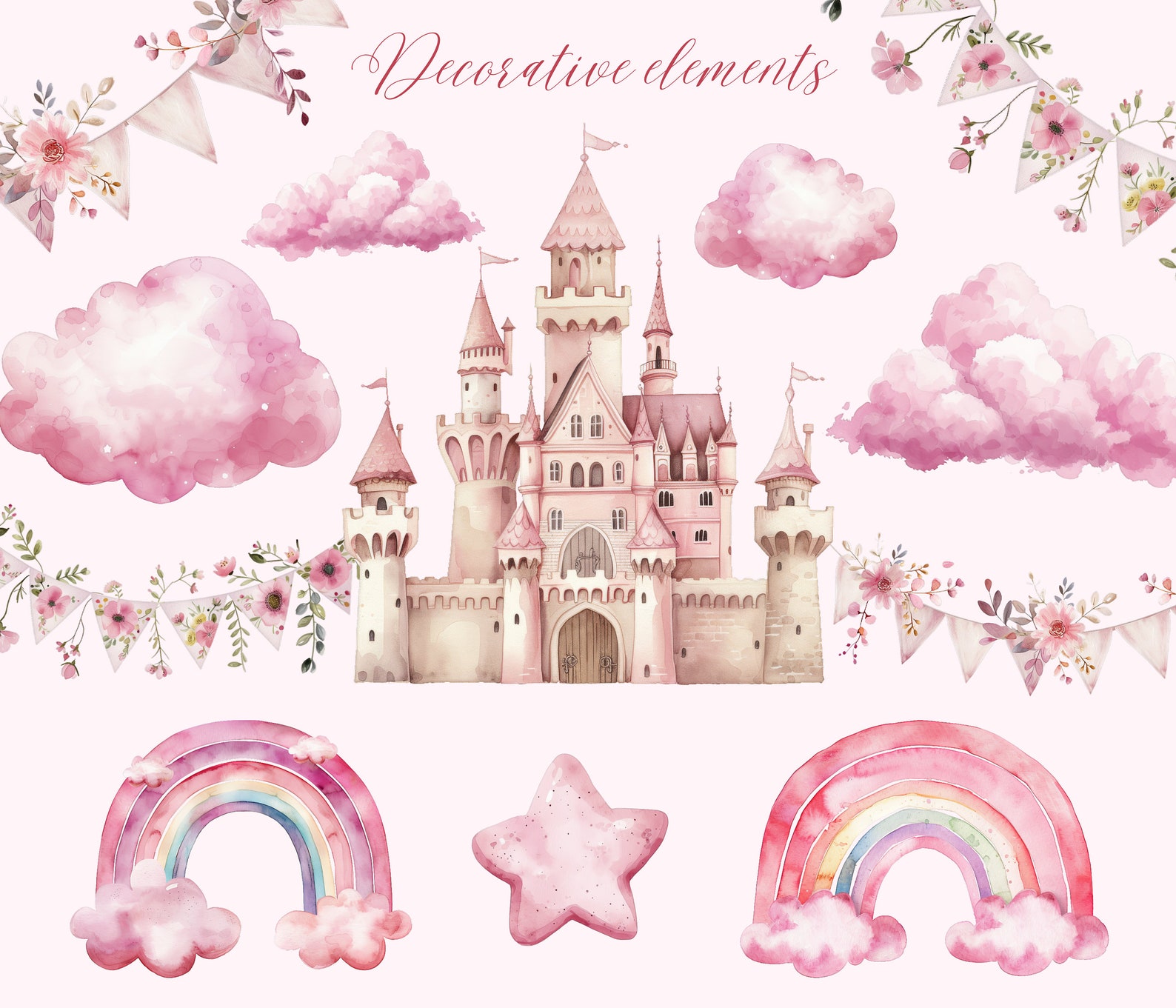 Pink Unicorn Clipart Set: Watercolor Rainbow Unicorns, Castle (PNG ...