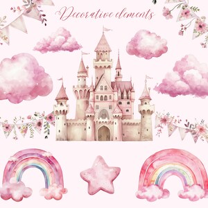 Pink Unicorn Clipart Set: Watercolor Rainbow Unicorns, Castle (PNG ...