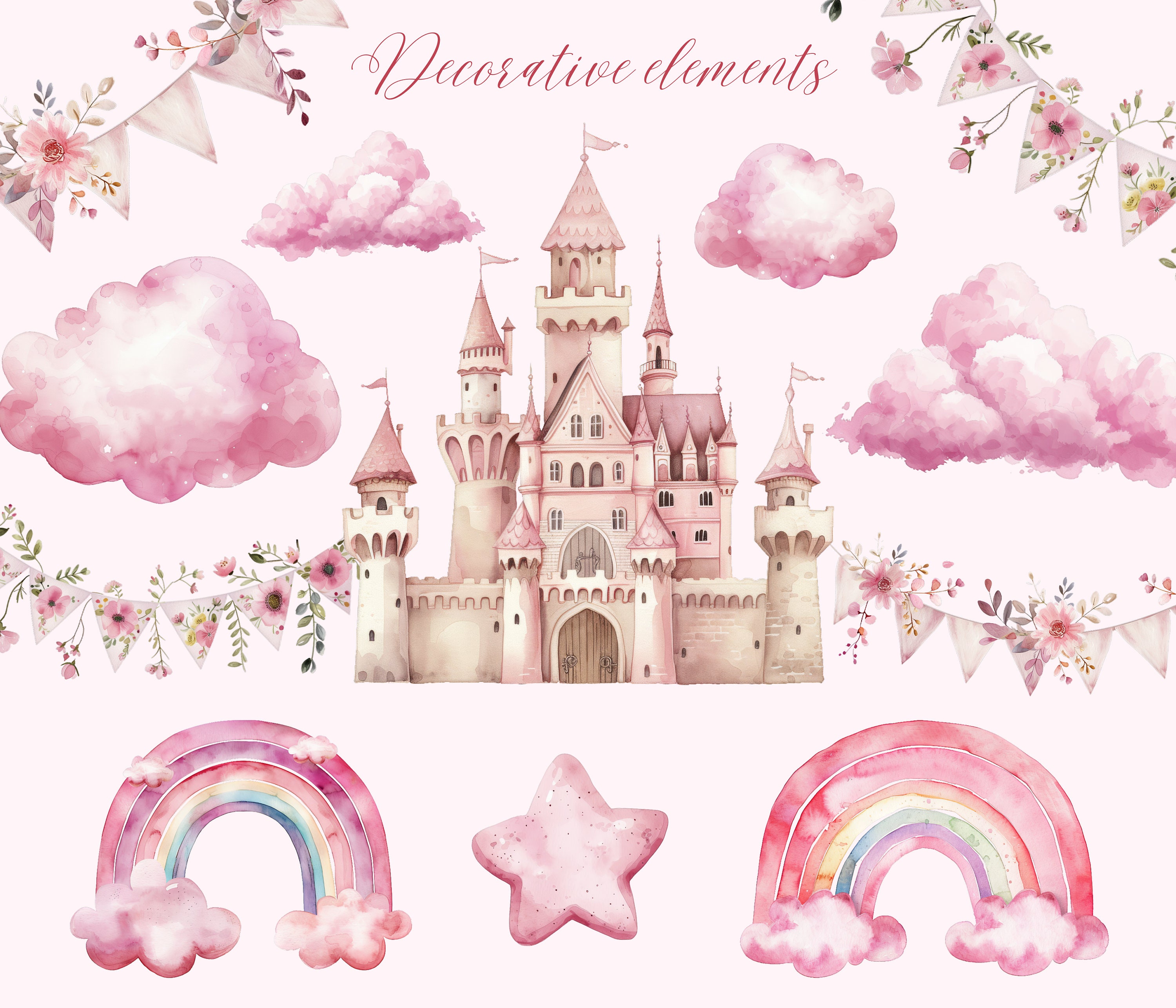 Pink Unicorn Clipart Set: Watercolor Rainbow Unicorns, Castle (PNG ...