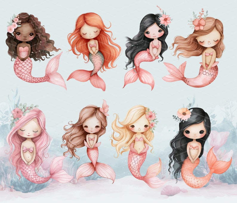 Little Mermaid Clipart, Cute Mermaid PNG, Pink Mermaid, Under the Sea Clipart, Watercolor Mermaid image 2