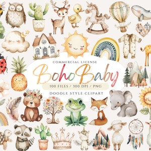 Clipart de bebê boho, pacote de clipart boho doodle fofo, clipart de animal de berçário boho, clipart de chá de bebê, arco-íris PNG, animais da floresta PNG