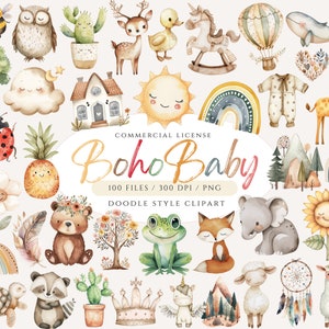 Boho Baby Clipart, Cute Boho Doodle Clipart Bundle, Boho Nursery Animal Clipart, Baby Shower Clipart, Rainbow PNG, Woodland Animals PNG