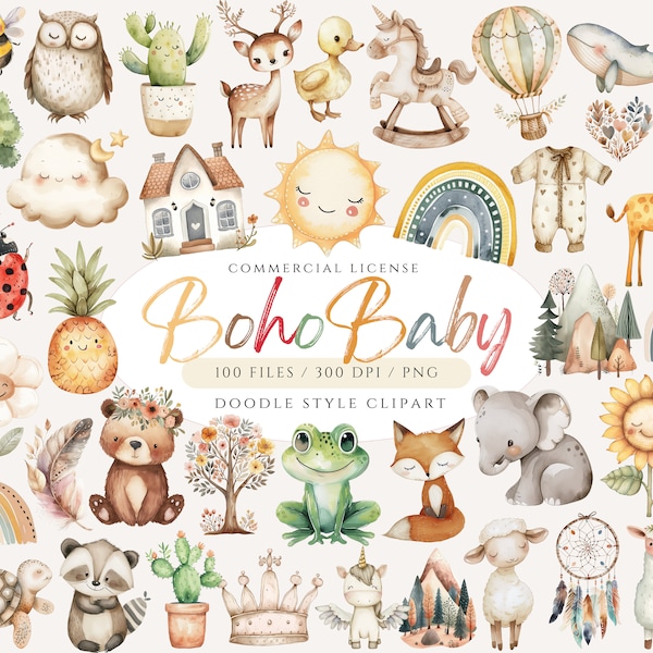 Boho Baby Clipart, süßes Boho Doodle Clipart Bundle, Boho Kindergarten Tier Clipart, Babyparty Clipart, Regenbogen PNG, Waldtiere PNG