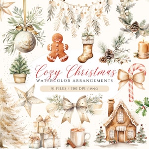 Watercolor Christmas Clipart Bundle, Cozy Christmas Clipart, Boho Christmas PNG, Ornaments Clipart, Christmas Wreath, Stocking
