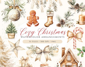 Aquarelle Christmas Clipart Bundle, Cozy Christmas Clipart, Boho Christmas PNG, Ornements Clipart, Couronne de Noël, Bas