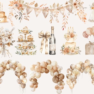 May include: A set of watercolor illustrations featuring a variety of party decorations, including a cake, cupcakes, balloons, a bouquet of flowers, a gift box, a bottle of champagne, and a garland of flags. The illustrations are in a neutral color palette of beige, brown, and white.