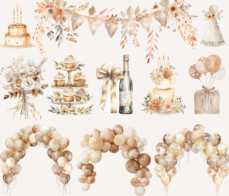 May include: A set of watercolor illustrations featuring a variety of party decorations, including a cake, cupcakes, balloons, a bouquet of flowers, a gift box, a bottle of champagne, and a garland of flags. The illustrations are in a neutral color palette of beige, brown, and white.