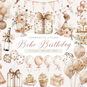 Aquarel verjaardag clipart bundel, Boho verjaardag clipart, Boho baby shower, neutrale verjaardag PNG, ballonnen, slinger, verjaardagstaart, kaars