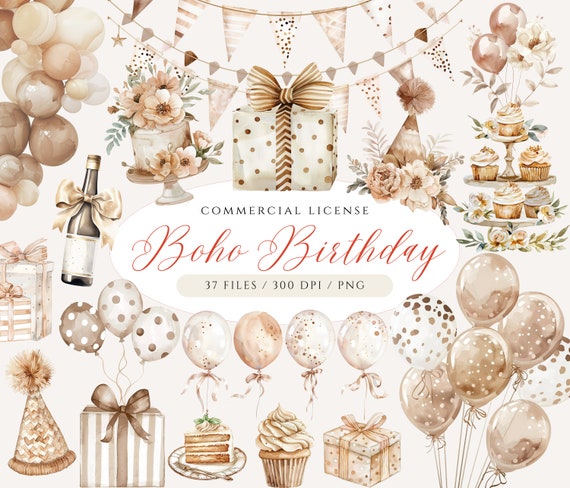 Watercolor Boho Birthday Clipart: Neutral Balloons, Cake (PNG Digital Download)