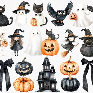 May include: Watercolor illustrations of Halloween-themed characters and objects. Includes a black cat, ghost, owl, witch, skeleton, pumpkin, haunted house, and black bows. The characters are wearing witch hats and holding pumpkins.
