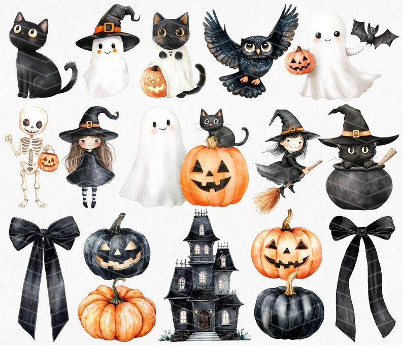 May include: Watercolor illustrations of Halloween-themed characters and objects. Includes a black cat, ghost, owl, witch, skeleton, pumpkin, haunted house, and black bows. The characters are wearing witch hats and holding pumpkins.