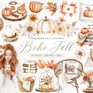 Puede incluir: Ilustración en acuarela con temática otoñal. La imagen presenta calabazas, flores, tazas de café, libros y hojas de otoño. Se muestra el texto "Boho Fall". Licencia comercial, 61 archivos, 300 DPI, PNG.