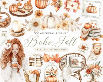 Boho Fall Clipart Bundle: Neutral Autumn PNG, Watercolor Flowers, Pumpkins