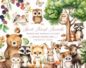 May include: Watercolor clipart set featuring woodland animals, including a bear, fox, raccoon, deer, owl, moose, hedgehog, and squirrel. The animals are surrounded by greenery, berries, and mushrooms. The text "Sweet Forest Friends" and "Woodland Animals Clipart" is included in the image.
