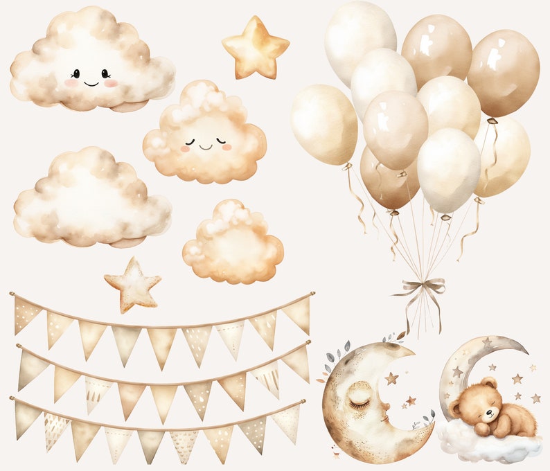 Watercolor Teddy Bear Clipart Bundle: Neutral Baby Shower PNG (digital ...