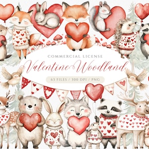 Clipart di animali del bosco di Valetine, Boho Woodland in Love, Clipart di cuccioli di animali, Baby shower carino nel bosco, Arte della cameretta del bambino nel bosco, Volpe, Alce