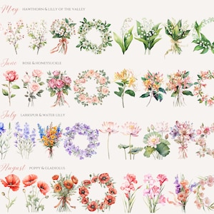 May include: Watercolor illustrations of flowers for each month of the year. May: Hawthorn and Lily of the Valley. June: Rose and Honeysuckle. July: Larkspur and Water Lily. August: Poppy and Gladiolus.