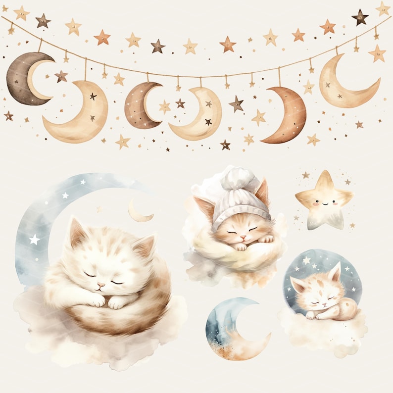 May include: Watercolor illustration of two sleeping kittens on clouds with stars and crescent moons. One kitten is wearing a white knitted hat and the other is curled up on a cloud with a blue crescent moon.
