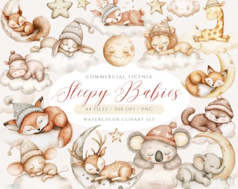 May include: Watercolor clipart set of 10 adorable baby animals sleeping on clouds and moons. The animals include a fox, a deer, a koala, a mouse, a giraffe, a hippo, a bunny, a lion, an elephant, and an otter. The set is perfect for creating baby shower invitations, nursery decor, and other projects.
