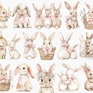 K&ouml;nnte beinhalten: Aquarellillustrationen von entz&uuml;ckenden Hasen in verschiedenen Posen. Die Hasen sind in Beige- und Wei&szlig;t&ouml;nen gehalten, mit rosa Schleifen und floralen Akzenten. Einige sitzen in K&ouml;rben, andere halten Blumen, ideal f&uuml;r Ostern oder Fr&uuml;hlingsprojekte.