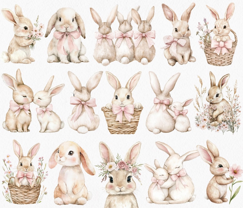 K&ouml;nnte beinhalten: Aquarellillustrationen von entz&uuml;ckenden Hasen in verschiedenen Posen. Die Hasen sind in Beige- und Wei&szlig;t&ouml;nen gehalten, mit rosa Schleifen und floralen Akzenten. Einige sitzen in K&ouml;rben, andere halten Blumen, ideal f&uuml;r Ostern oder Fr&uuml;hlingsprojekte.