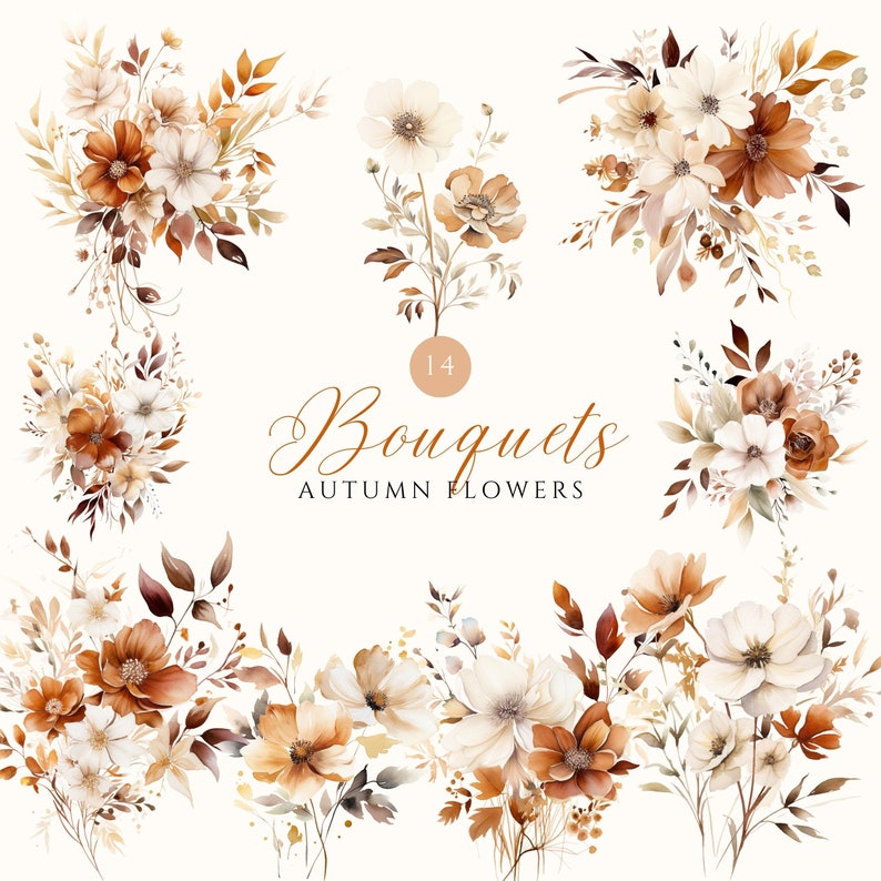 Pode incluir: Um conjunto de 14 ilustra&ccedil;&otilde;es de aquarela de buqu&ecirc;s de flores de outono em tons de marrom, branco e creme. Os buqu&ecirc;s apresentam v&aacute;rias flores, folhas e caules.