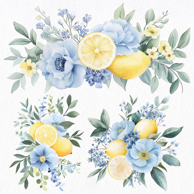 Blue Lemon Watercolor Clipart Bundle, Floral Wreaths, Citrus Wedding ...