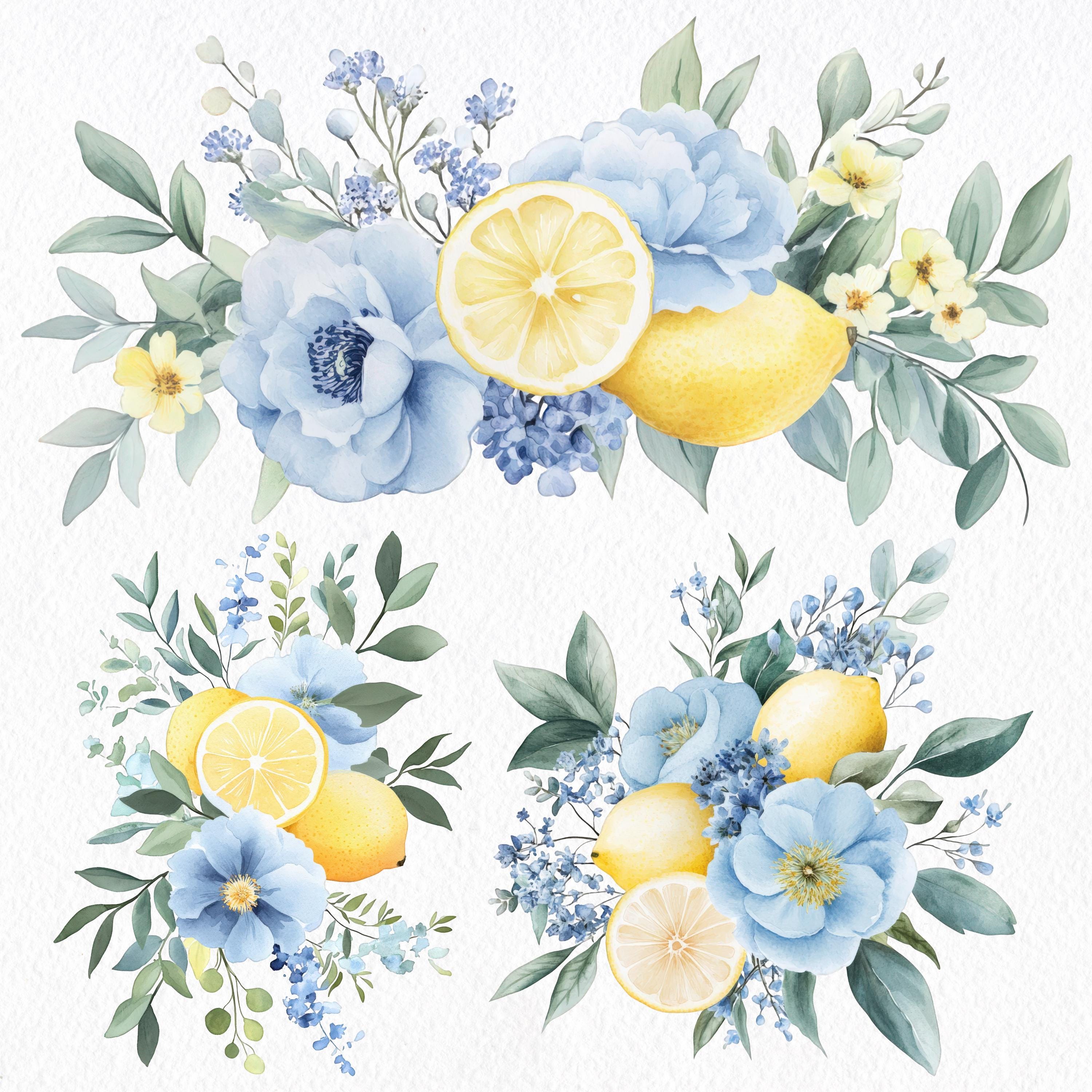 Blue Lemon Watercolor Clipart Bundle, Floral Wreaths, Citrus Wedding ...